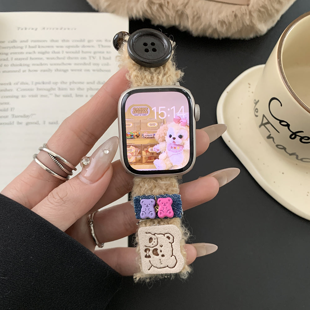 For Apple Watch Series 9 8 7 41mm / 6 5 4 SE (2023) SE (2022) SE 40mm / 3 2 1 38mm Watch Band Plush Strap - Button+Butterfly For Apple Watch Series 9 8 7 41mm / 6 5 4 SE (2023) SE (2022) SE 40mm / 3 2 1 38mm Watch Band Plush Strap - Button+Butterfly